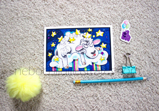 Sleeping sheep art print on fluffy clouds with stars and moon, nursery wall décor illustration