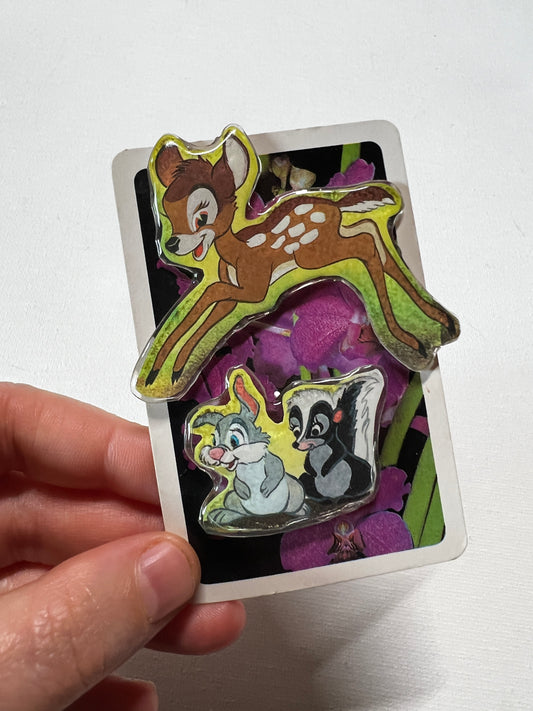 Woodland Friends 3-Pin Set | Handmade Baby Deer, Rabbit & Skunk Pins | Upcycled Book Art