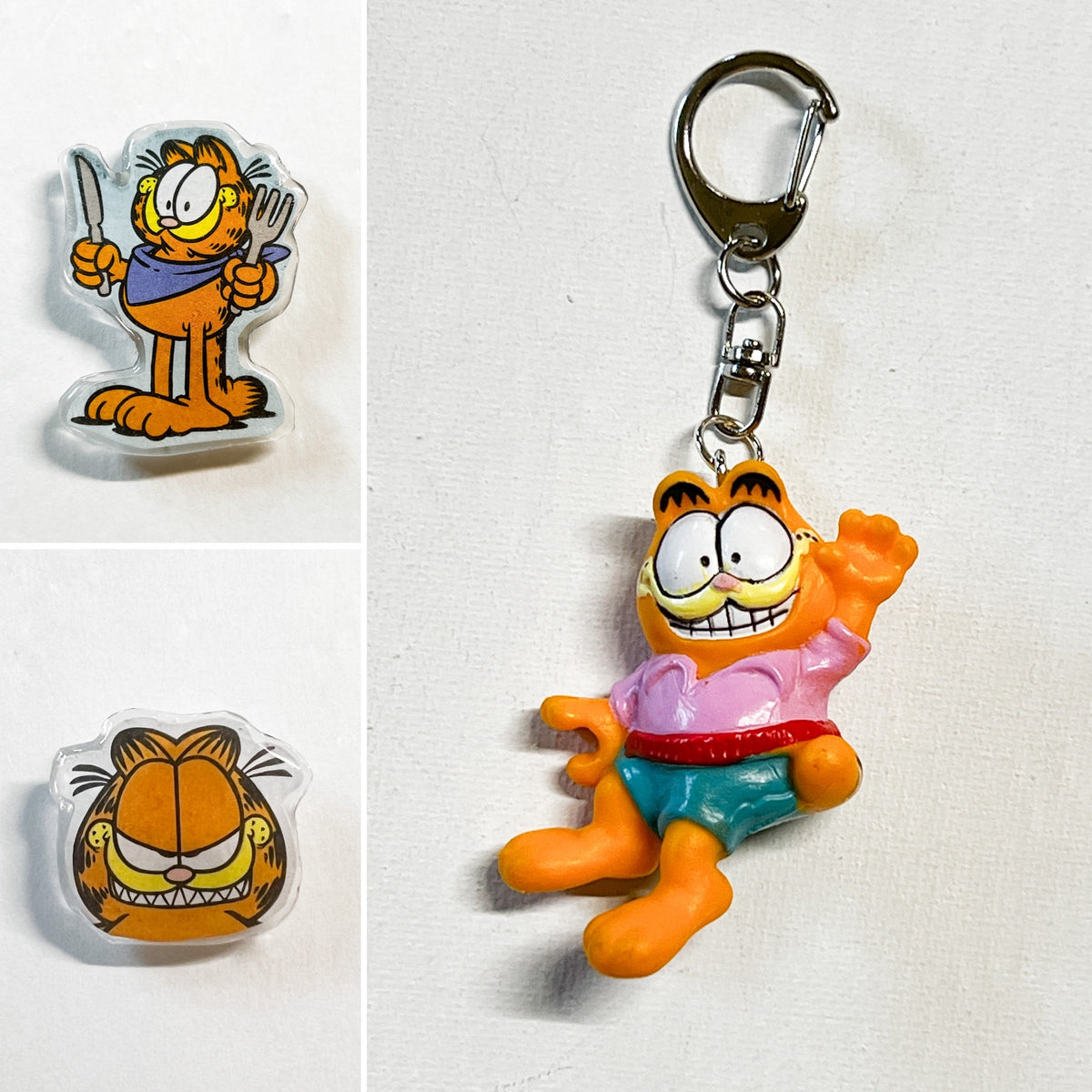 Upcycled Orange Cat Bundle – 2 Pins + Lazy Cat Keychain